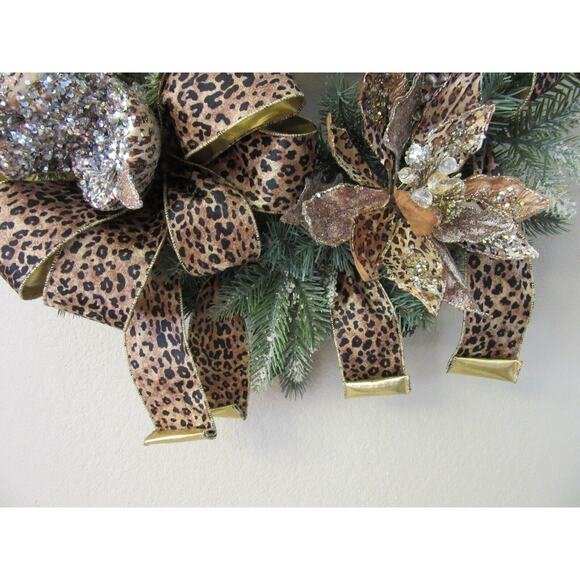 Christmas Wreath Luxurious Animal Print Jeweled Faux Evergreen Handmade 24" - Picture 6 of 6